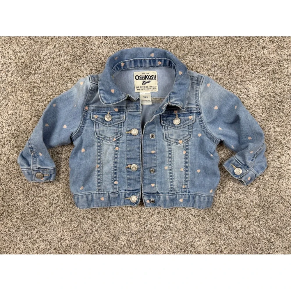 OshKosh B'gosh Denim Jacket Kids 18M Light Blue Excellent Heart Print Snap Front